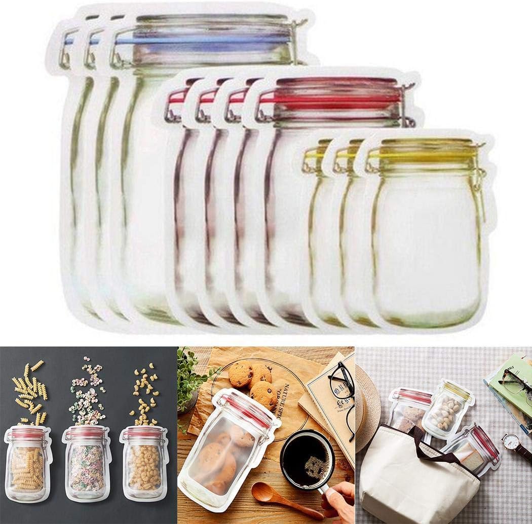 Dozenla 10pcs Mason Jar Zipper Bags,Food Storage Snack Sandwich Ziplock Bags,Reusable Airtight Seal Food Storage Bags,Leakproof Food Saver Bags for Travel Camping and Kids