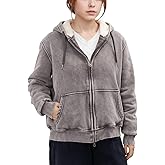 Huzeiwu Women's Acid Wash Fleece Sherpa Lined Hoodie Jacket Winter Warm Zip Up Hoodies Heavyweight Vintage Sweatshirt Coat