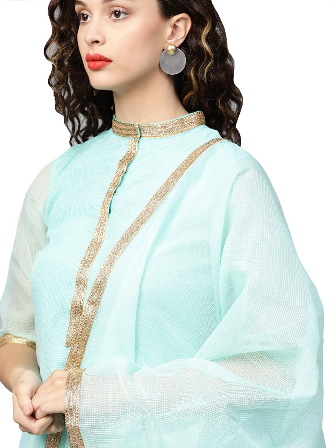 inddus blue cotton kota-checks party wear suit set with dupatta