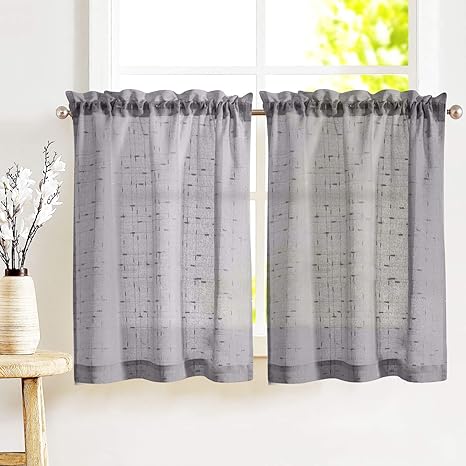 Amazon Com Gray Tier Curtains 36 Inch Rod Pocket Kitchen Window Tiers Sheer Cafe Curtain Set Linen Textured Grey Voile Drapes 2 Panels Home Kitchen
