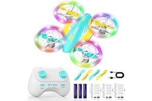 FUNPX LED RC Drone for Kids 6+, Christmas Birthday Gift for Boys & Girls with Remote Batteries, 360° Flips, 3 Speed Modes, 45 Min Flight Indoor and Outdoor Flying Toy - Blue Yellow