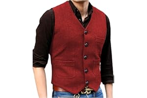 SOLOVEDRESS Mens Vintage Tweed Suit Vest V Neck Casual Wool Waistcoat for Wedding Groomsmen