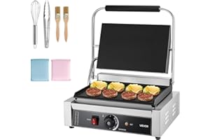 VEVOR Commercial Panini Grill, 1800W Electric Sandwich Panini Maker, Stainless Steel Sandwichs Press Grill with Handle and Temp Control, 13.5x9.3 in Full Flat Enamel Plate, for Hamburger Steak Bacon