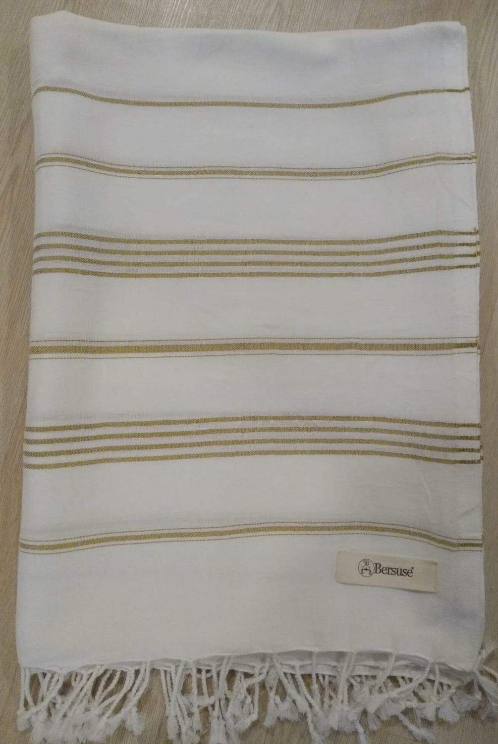 Bersuse Towels Anatolia XL Beach Blanket Throw Blanket Turkish Towel 100% Cotton Extra-Large Quick-Dry Lightweight Premium Peshtemal Towel - 61x82 Inches, White Gold Image Bersuse Towels Anatolia XL Beach Blanket Throw Blanket Turkish Towel 100% Cotton Extra-Large Quick-Dry Lightweight Premium Peshtemal Towel - 61x82 Inches, White Gold Image