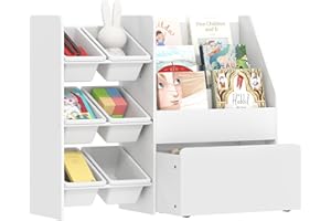 Qaba Kids Bookshelf and Toy Storage, 3-Tier Bookcase with 6 Removable Bins and Large Rolling Box, Montessori Toy Organizer fo