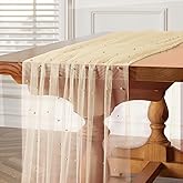 TREELY 6 Pcs Champagne Pearl Table Runner 10 Ft Tulle Fabric Lace Table Runner for Wedding Arch Veil Dessert Birthday Party Bridal Shower Decor 29.5x120 Inches
