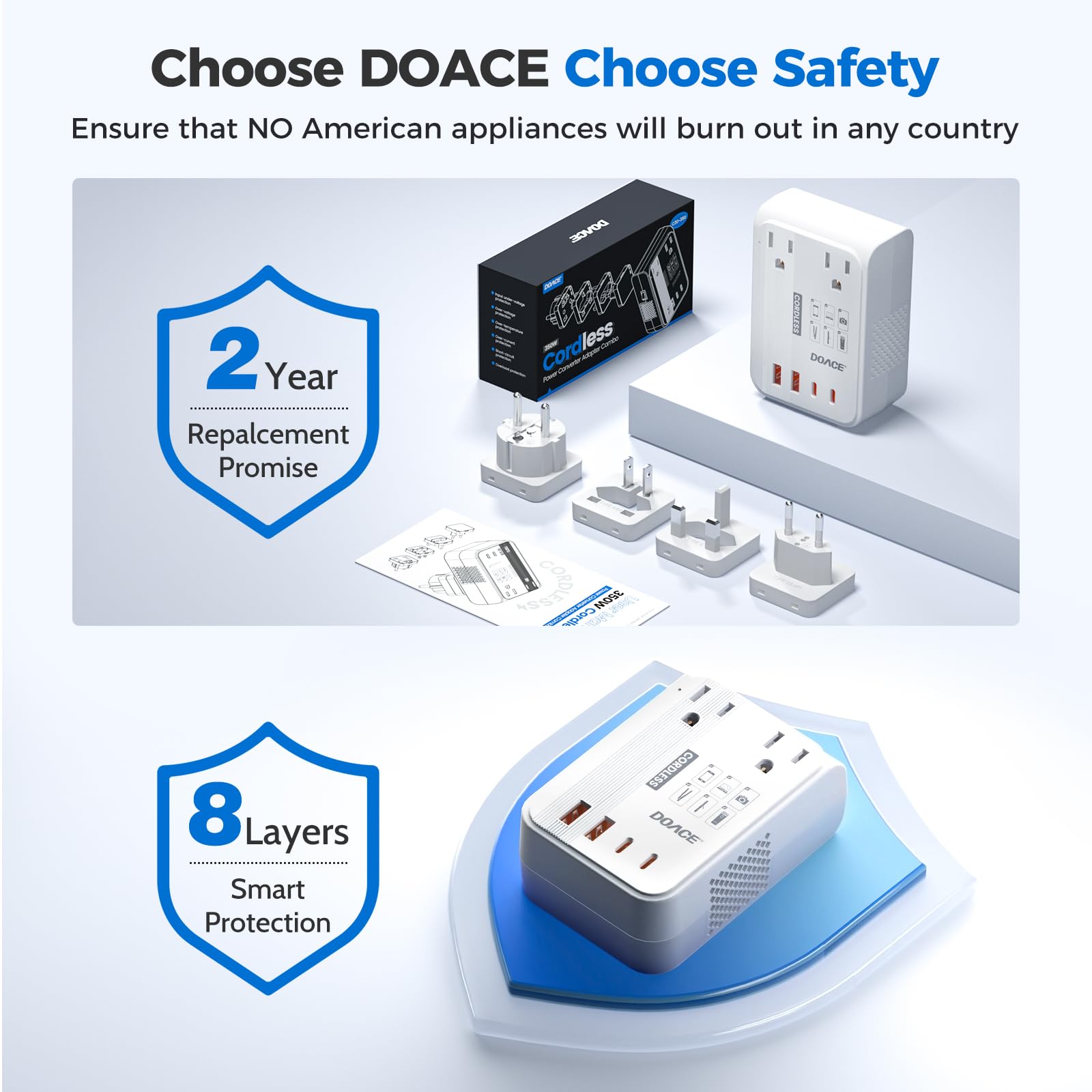DOACE 220V to 110V Converter for European Travel - 350W Cordless Voltage Converter US to Europe, Power Converter Adapter Combo with PD Chargers for Hair Straightener Shaver Toothbrush Laptop Phone