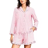 Flygo Womens Striped Pajama Sets 2 Piece Cotton Long Sleeve Tops and Pj Shorts Sets Casual Lounge Button Down Cozy Sleepwear