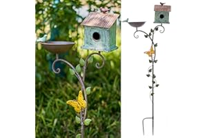 SMQLJXC Bird Baths and BirdHouses with Pole, Distressed Metal Bird Bath Bowl and Birdhouse Stake for Outdoor Garden Yard Decoration (Bird Baths/BirdHouses-C)