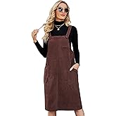 Flygo Women's Corduroy Jumper Overall Pinafore Midi Dress Skirt with Pockets