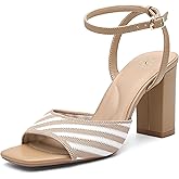 NEWBELLA Women's Chunky Block Heel Sandals - Square Open Toe Ankle Strap High Heels for Wedding, Prom, Party & Date Night (Beige, Adult, Women, 8, Numeric, US Footwear Size System, Medium)