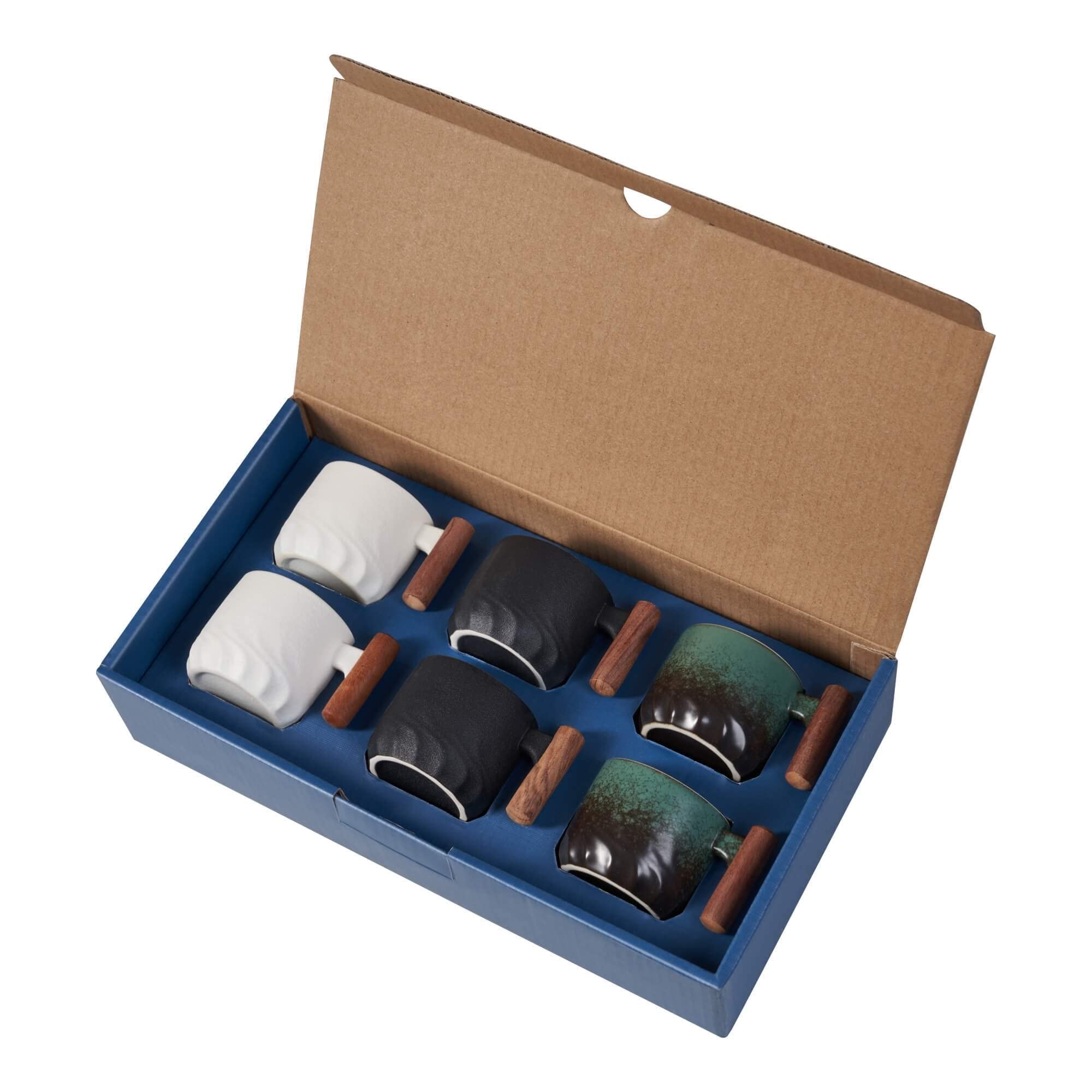 BlogBlog Ceramic Espresso Coffee Mugs, 89 ml, Porcelain, Wooden Handle, Pack of 6 (Black, Green and White)