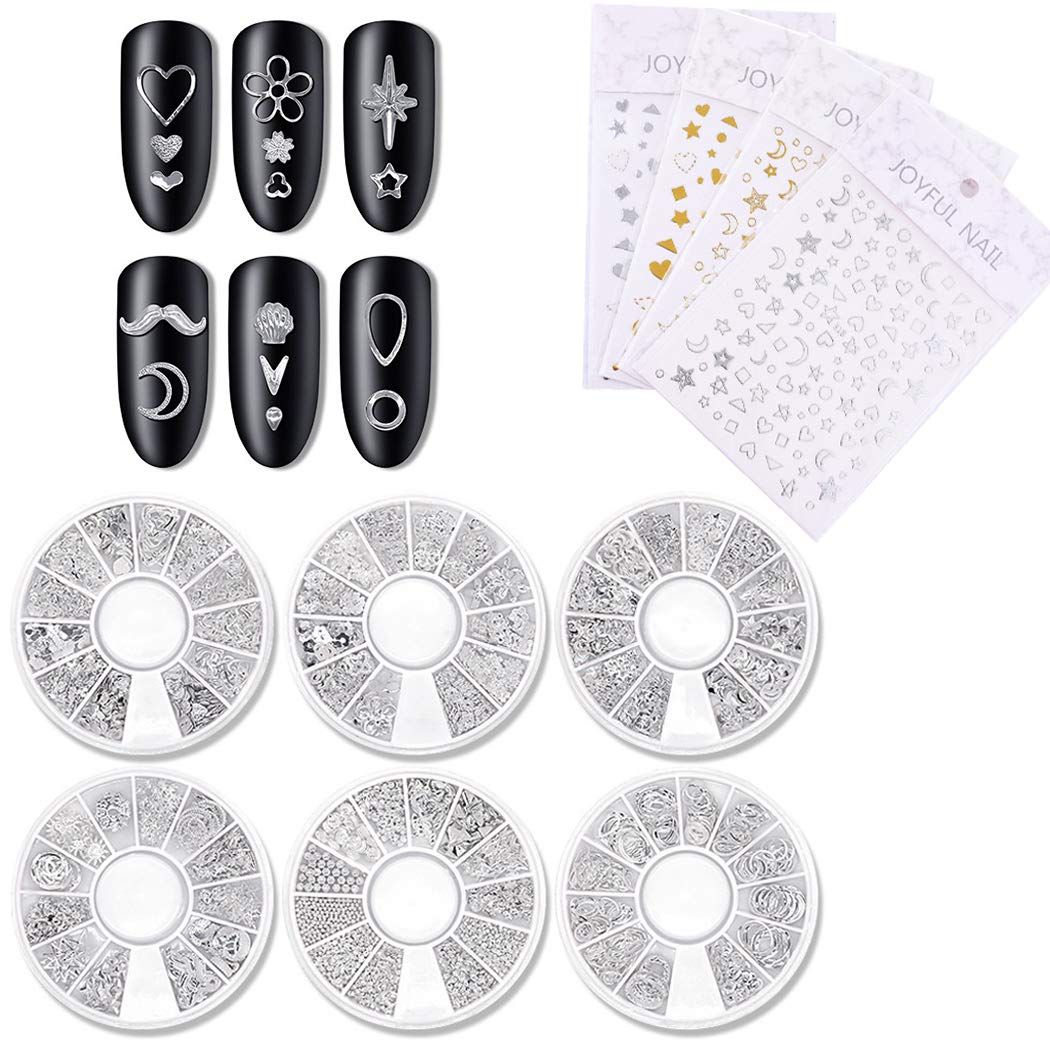 SIPLIV Metal Nail Art Rivet Stripe Heart Hollow Out Star Moon Floral Plants Rivet Nail Art DIY Decoration (6 Boxes) with A Nail Art Star Moon Stickers (4 Pcs) - Silver