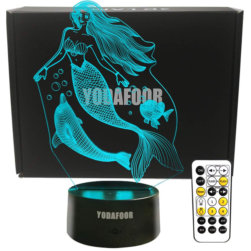 Mermaid Night Light, 3D Illusion Lamp for Kids, Multicolor Changing with Timing Remote Control, Toy Mermaid Birthday Christmas Gifts for Girls Boys Women, Bedroom Mermaid Theme Decor