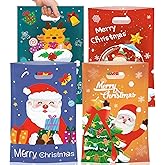 Litmitfu 50 Pcs Christmas Gift Bags with Handles, Plastic Merry Christmas Goodie Bags Bulk, Winter Candy Treat Tote Goody Cookie Party Favor Bag for Xmas Holiday Party Favors Supplies, 4 Styles