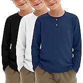 LessonZoo 3 Pack Boys Long Sleeve Shirts Crew Neck Casual Tops Decorative Buttons Kids Toddler Soft Pullover Tees 3-12 Years