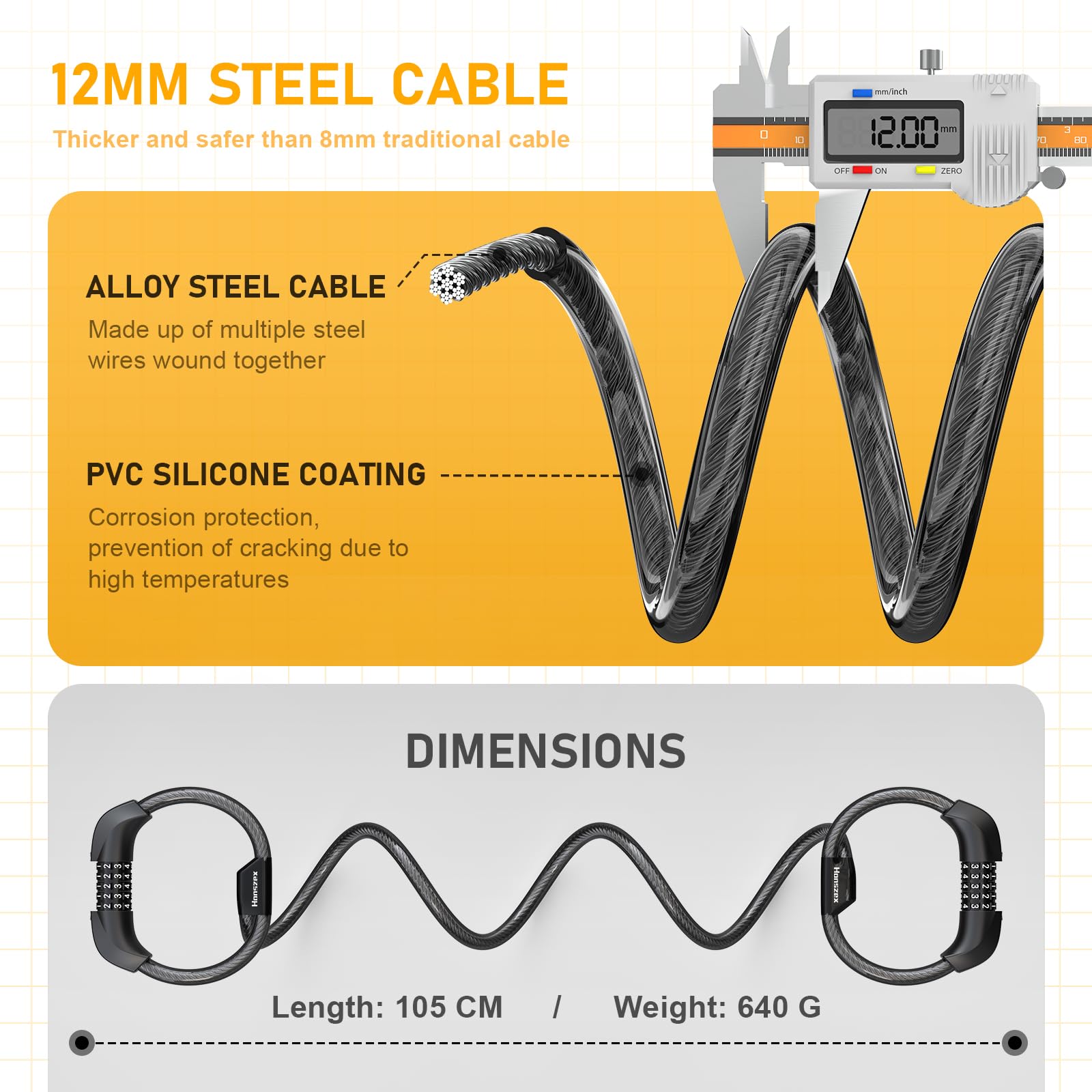 Honszex E Scooter Schloss, 5-stellig Kabel Schloss für E Scooter/Roller, Handschellenschloss, Zahlenschloss-Doppelschloss, Fahrradschloss, 105cm x 12mm, E Scooter Zubehör 4
