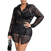 WDIRARA Women's See Through Blouse Long Sleeve MeshButton Front Sexy Shirt Tunic Party Tops