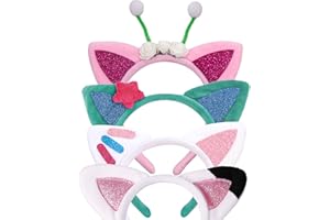 Creatoy Cat Ears Headbands, 4pcs Kids Birthday Party Accessories, Flannel Cartoon Cosplay Headpiece, Glitter Hair Clips for Girls Halloween Supplies