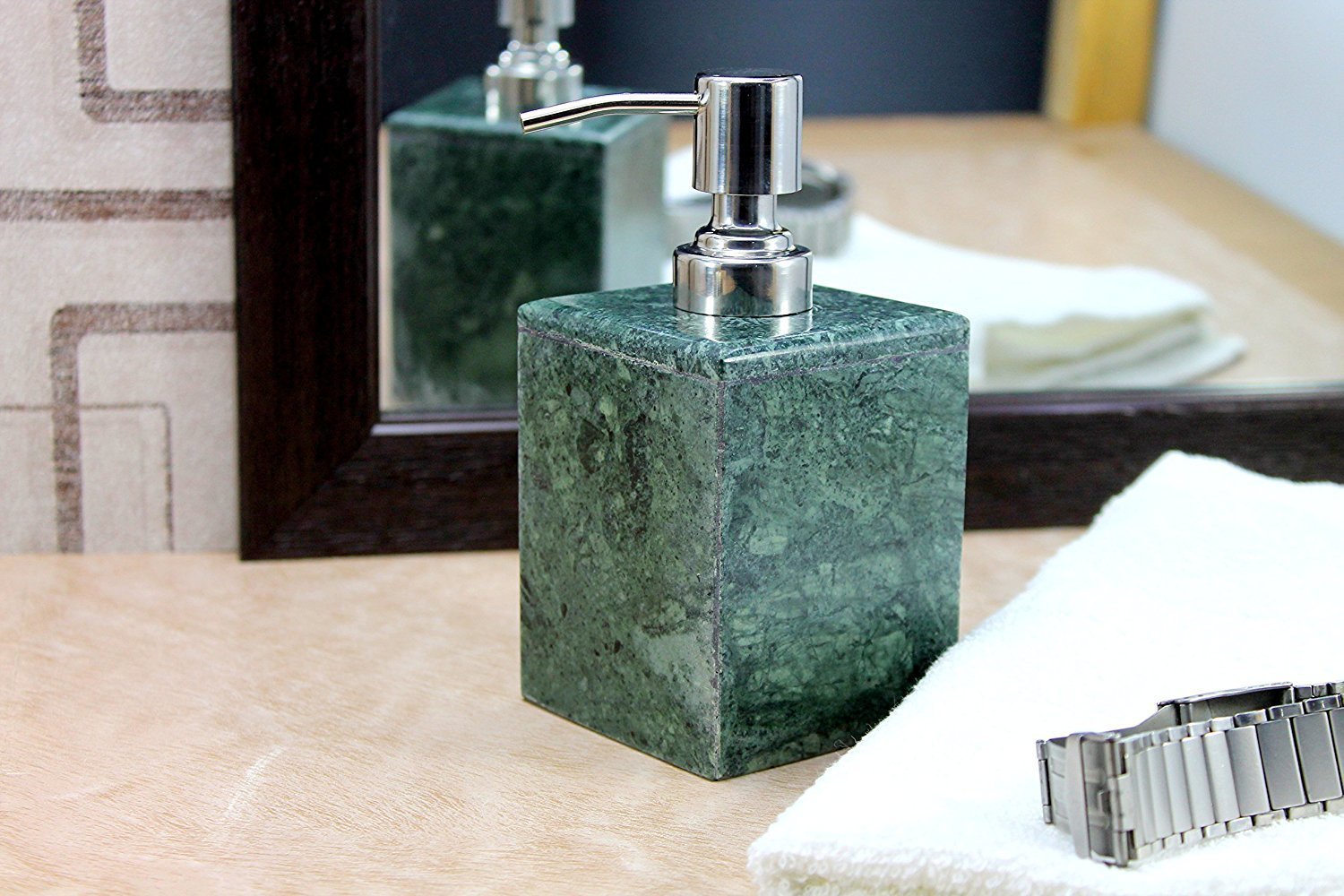 KLEO Soap/Lotion Dispenser - Made of Natural Stone in Brown Green Black White Color - Bathroom Accessories Bath Set (Green)