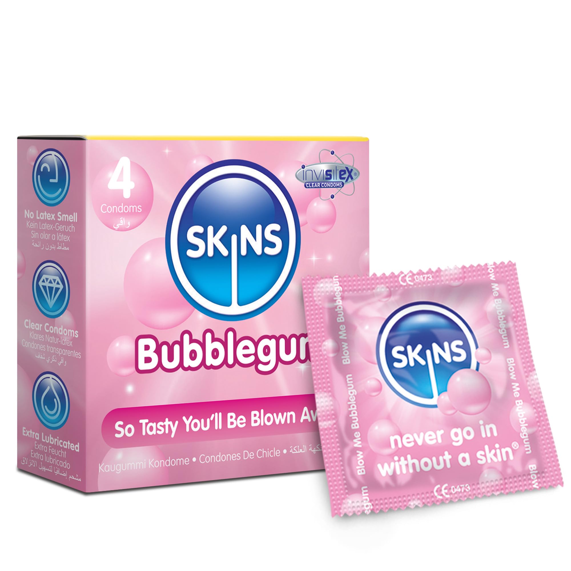 Premium Skins Bubblegum Flavoured Condoms for Oral and Intercourse - Ultra Thin Flavoured Condoms for Oral, Extra Flavoured Lube for Extra Pleasure - Discreet Pack of 4 — image 1