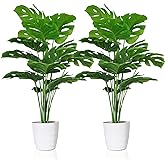 SAJANDAS Set of 2 Artificial Monstera Deliciosa Plants in Pots, Fake Tropical Palm Tree with Greenery Leaves Stems, 28 Inch Artificial Cheese Plant for Home Bathroom, Office, Windowsill Decor