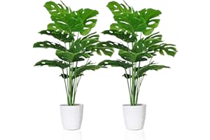 SAJANDAS Set of 2 Artificial Monstera Deliciosa Plants in Pots, Fake Tropical Palm Tree with Greenery Leaves Stems, 28 Inch Artificial Cheese Plant for Home Bathroom, Office, Windowsill Decor