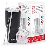 BUILT Double Walled Stainless Steel Tumbler Set with Replacement Lid, 2 Reusable Tritan Wire Straw Cleaning Brush in Gift Box, 1 Count (Pack of 1), Black, 30 fl.oz.