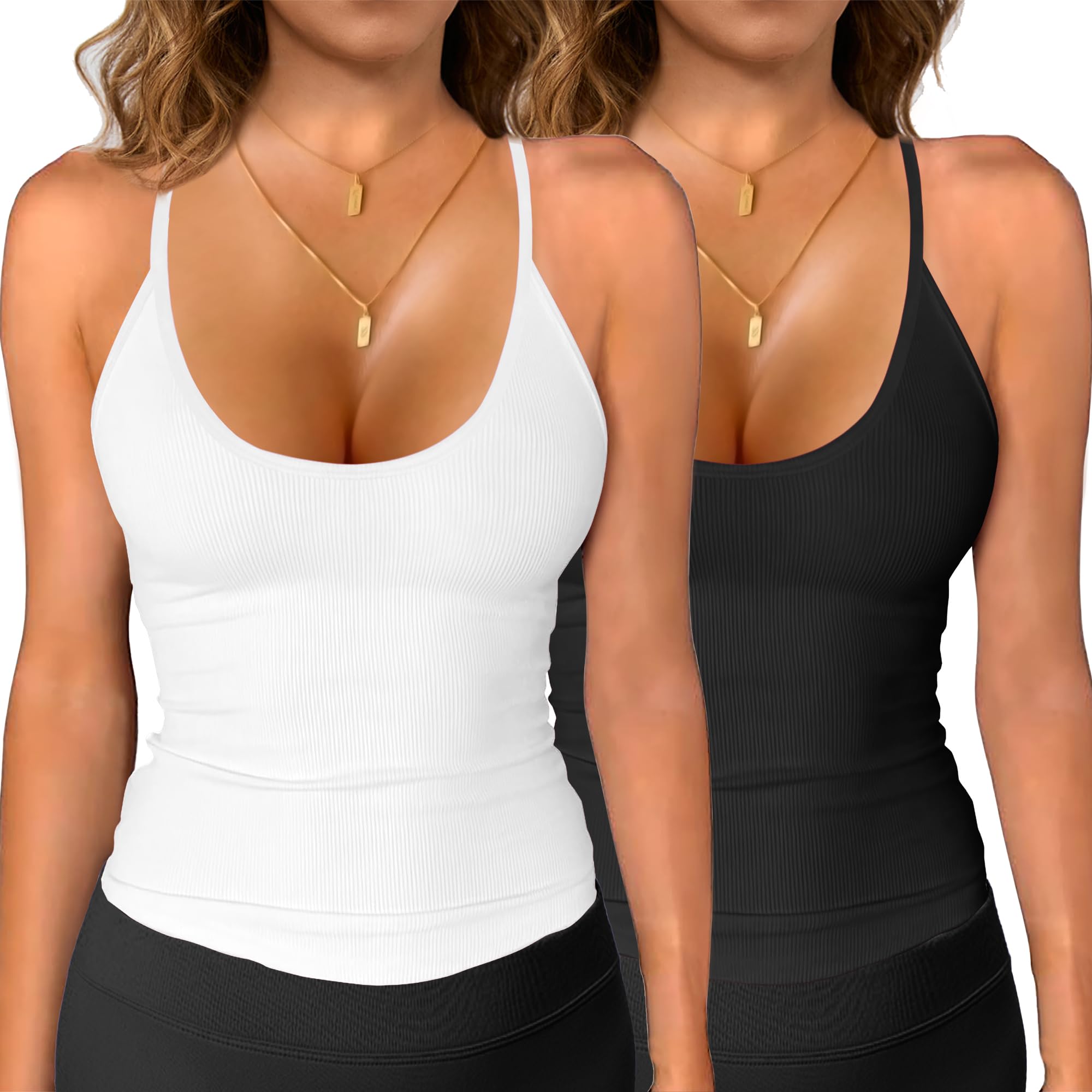 Photo 1 of iGENJUN Tank Tops for Women 2025 Built in Shelf Bra 2 Piece Pack Spaghetti Strap Adjustable Workout Yoga Basic Summer Camisole U Neck Slim Fit Ribbed Sleeveless,S,Blackwhite