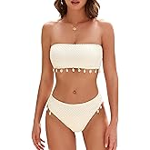 ZAFUL Women Strapless Bandeau Bikini Shell 2 Piece Swimwear Cheeky Solid Lace up Pom Bathing Suits