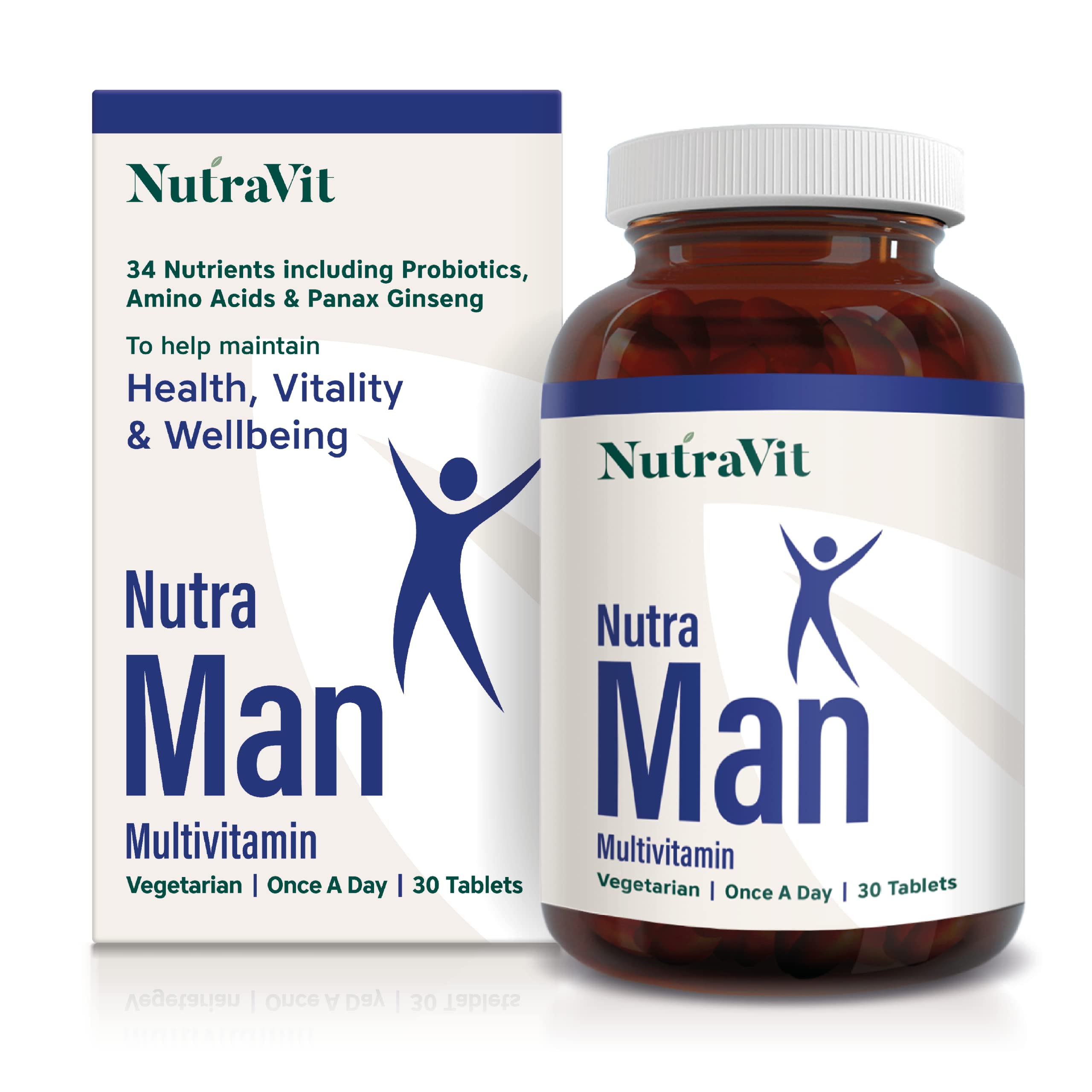 NUTRAMAN - Mens Multivitamin | Vitamins for Men - 30 Tablets - 34 Vitamins & Minerals - Daily Vitamins for Energy & Health - with Probiotics, Panax Ginseng, Amino Acids & Methyl B12 - NutraVit