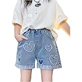 OYOANGLE Girl's Heart Patched Denim Shorts Roll Up Hem Cute Straight Leg Jean Short with Pockets