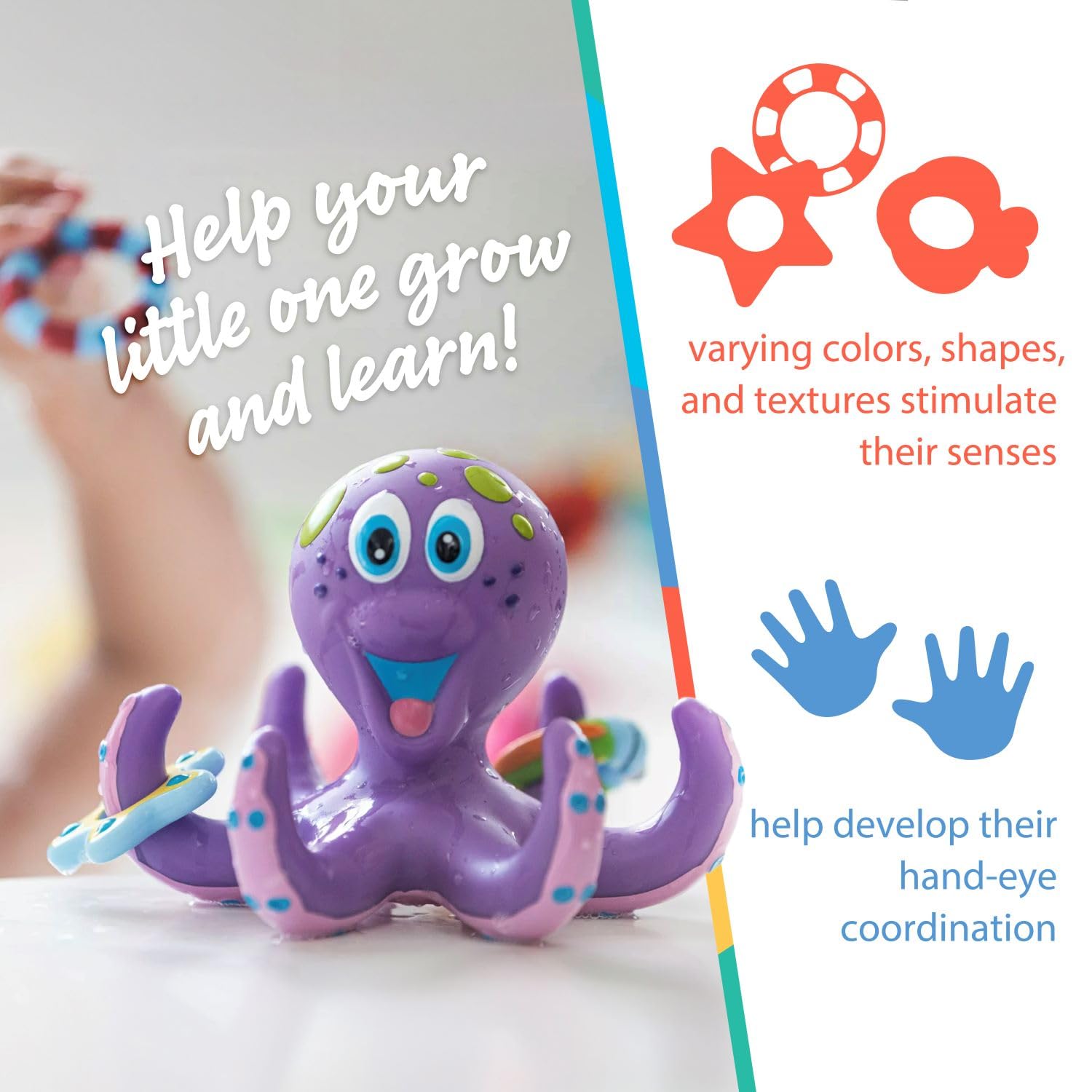 Nuby Floating Octopus Toy with 3 Hoopla Rings - Baby Bath Toy for Boys and Girls - 18+ Months - Purple (Pack of 1)