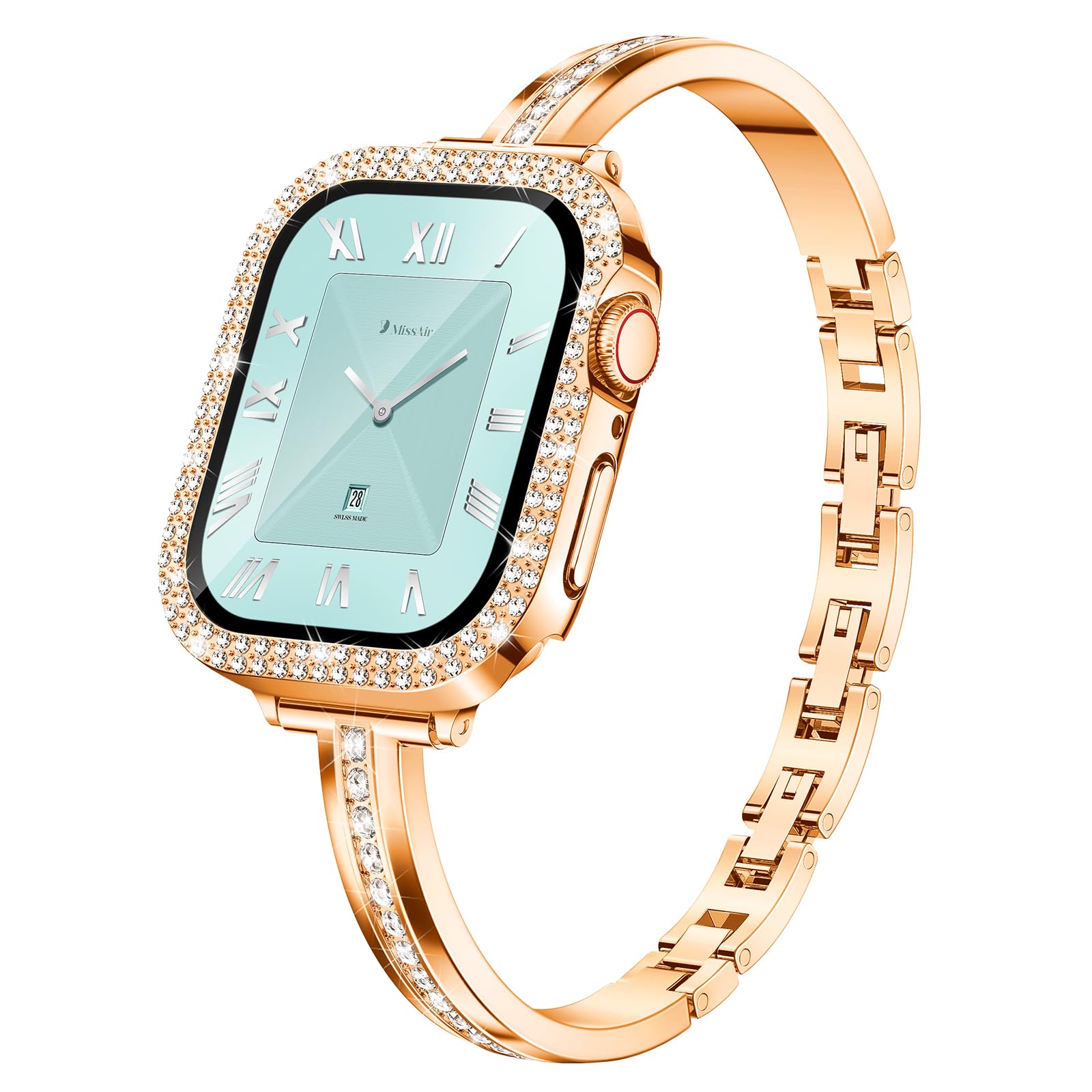 Missair Bands Compatible for Apple Watch Band 40mm 41mm 44mm 45mm with Screen Protector Case, Slim Metal Dressy Jewelry Bracelet Strap with Bling Diamond Cover for iWatch Series 9 8 7 6 5 4 for Women