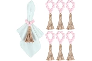Meplait 6 Pieces Wooden Bead Napkin Rings, Farmhouse Stretchable Napkin Rings with Tassel Boho Napkin Rings for Dining Table,Wedding Decoration (Pink)