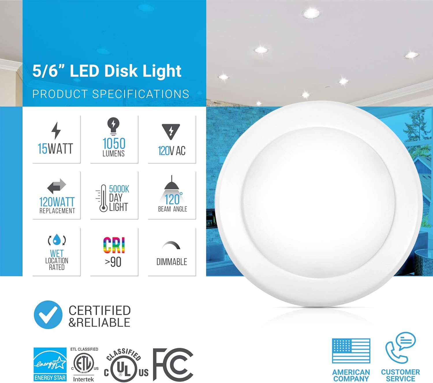 PARMIDA (12 Pack) 5/6” Dimmable LED Disk Light Flush Mount Recessed Retrofit Ceiling Lights, 15W (120W Replacement), 5000K, Energy Star & UL-Listed, Installs into Junction Box Or Recessed Can, 1050lm - - 