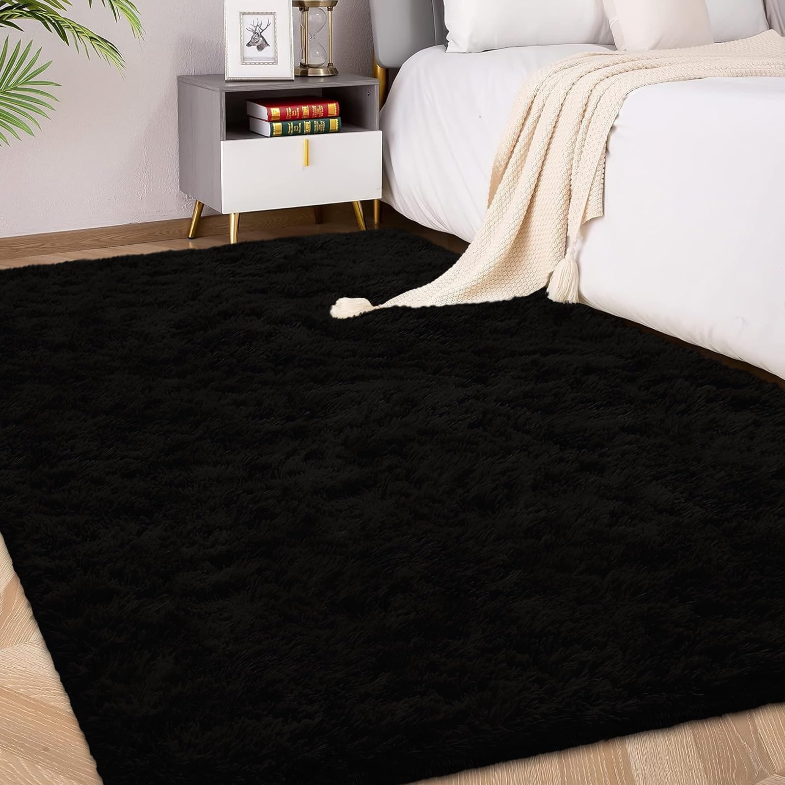 FVVRAX 90x150cm Black Shaggy Rug – Soft Fluffy Area Rug for Living Room & Bedroom, Non-Slip Plush Carpet for Kids, Nursery, Dorm, Machine Washable Large Floor Mat — image 1