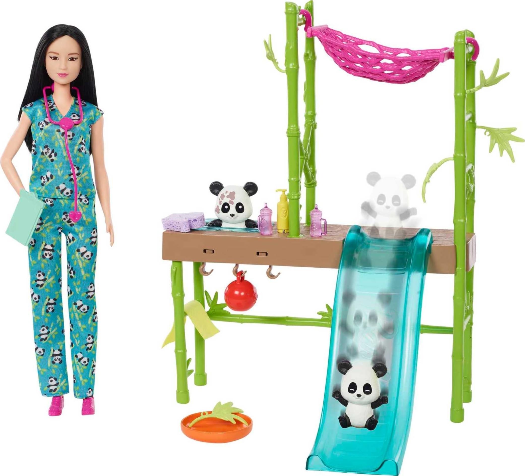 Barbie Doll and Accessories, Panda Care and Rescue Playset Vet Doll, 2 Pandas with Color-Change Transformation and 20+ Pieces, HKT77