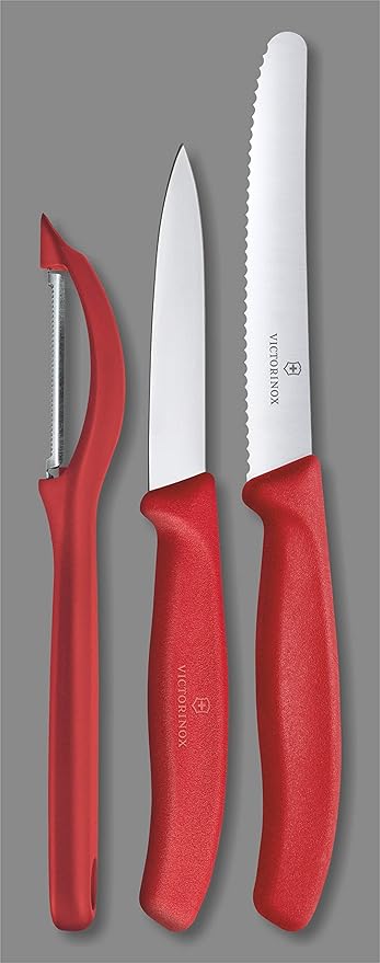 Victorinox Kitchen Knife, Set of 3, Sharp Straight Edge and Wavy Edge Knives with Stainless Steel Universal Peeler, Red