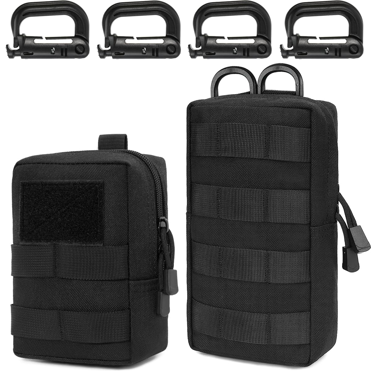 MUCHER 2 Pack EDC Pouch Molle Pouches Tactical Waist Bag Utility Waist Pack with 4 Hooks for Outdoor Hiking Hunting Camping Training (L+S, Black)