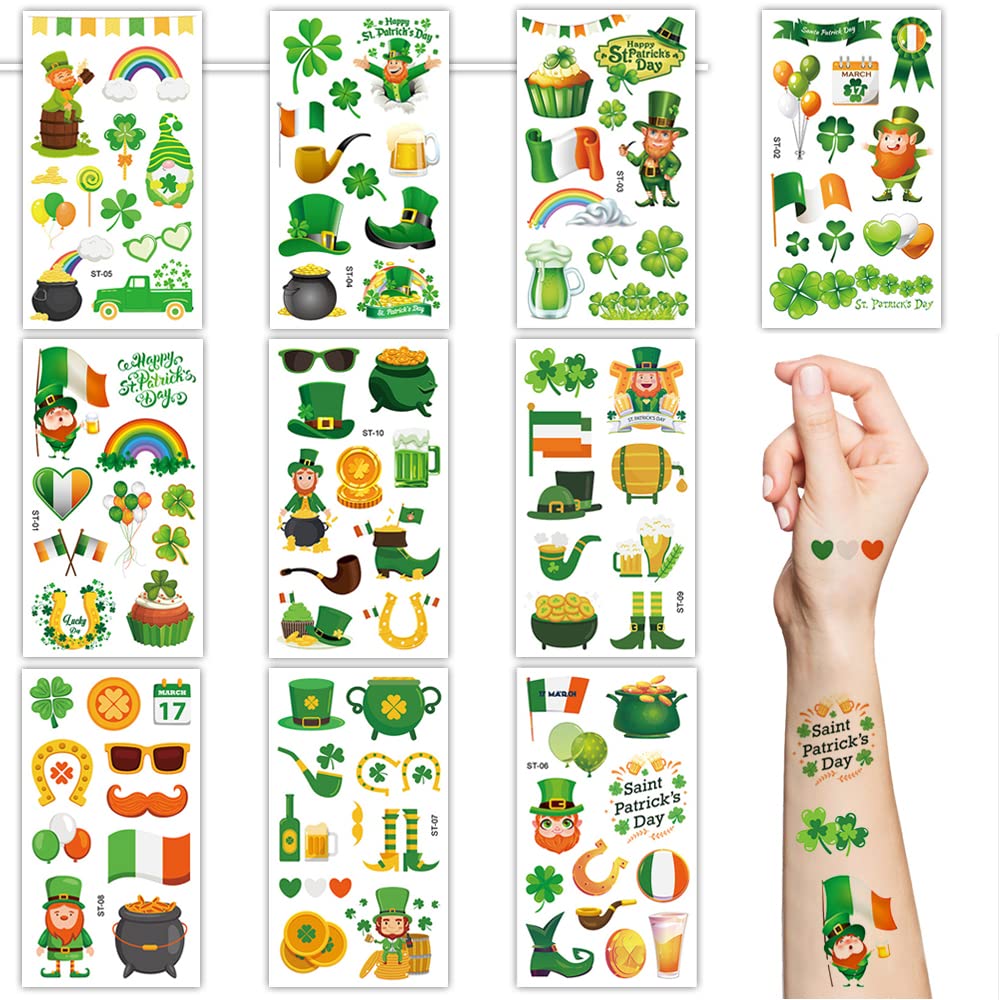 St.Patrick'S Day Temporary Tattoos,10 Sheets Shamrock Temporary Tattoo Stickers for Kids & Adults Irish St Patricks Day Decorations Accessories