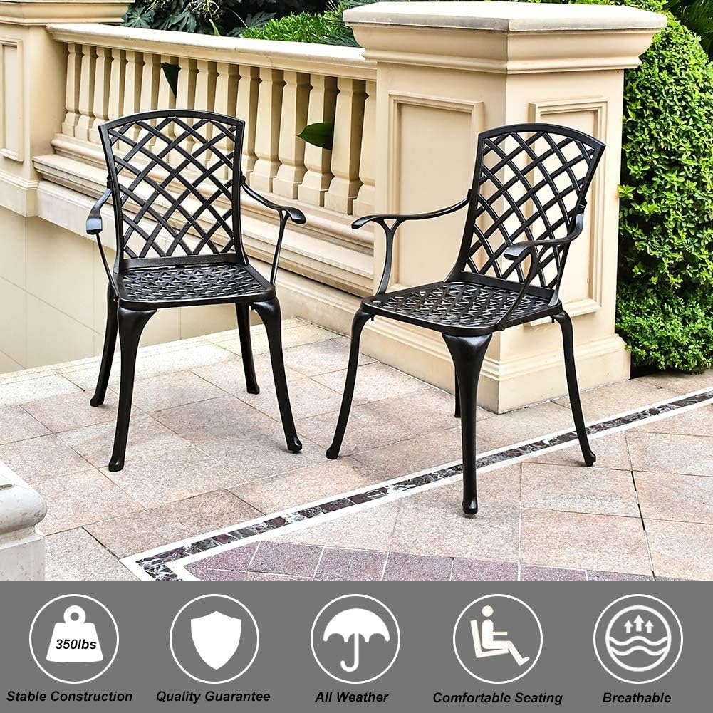 USSerenaY Cast Aluminum Bistro Set Outdoor Bistro Table Set Patio Furniture Sets with 4 Arm Chairs, Umbrella Hole, Antique Bronze Finish (4 Chairs + 1 Table Set(Lattice Weave)): Garden & Outdoor