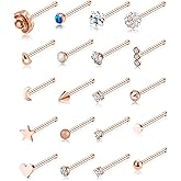 Tornito 20G 20Pcs Nose Ring CZ Nose Stud Retainer L Bone Screw Shaped Nose Piercing Jewelry Set for Women Men Stainless Steel Rose Gold Tone