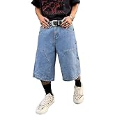 DISLANBO Mens Baggy Jeans Shorts Loose Fit Multiple Pockets Wide-Leg Denim Shorts Below Knee Hip Hop Streetwear