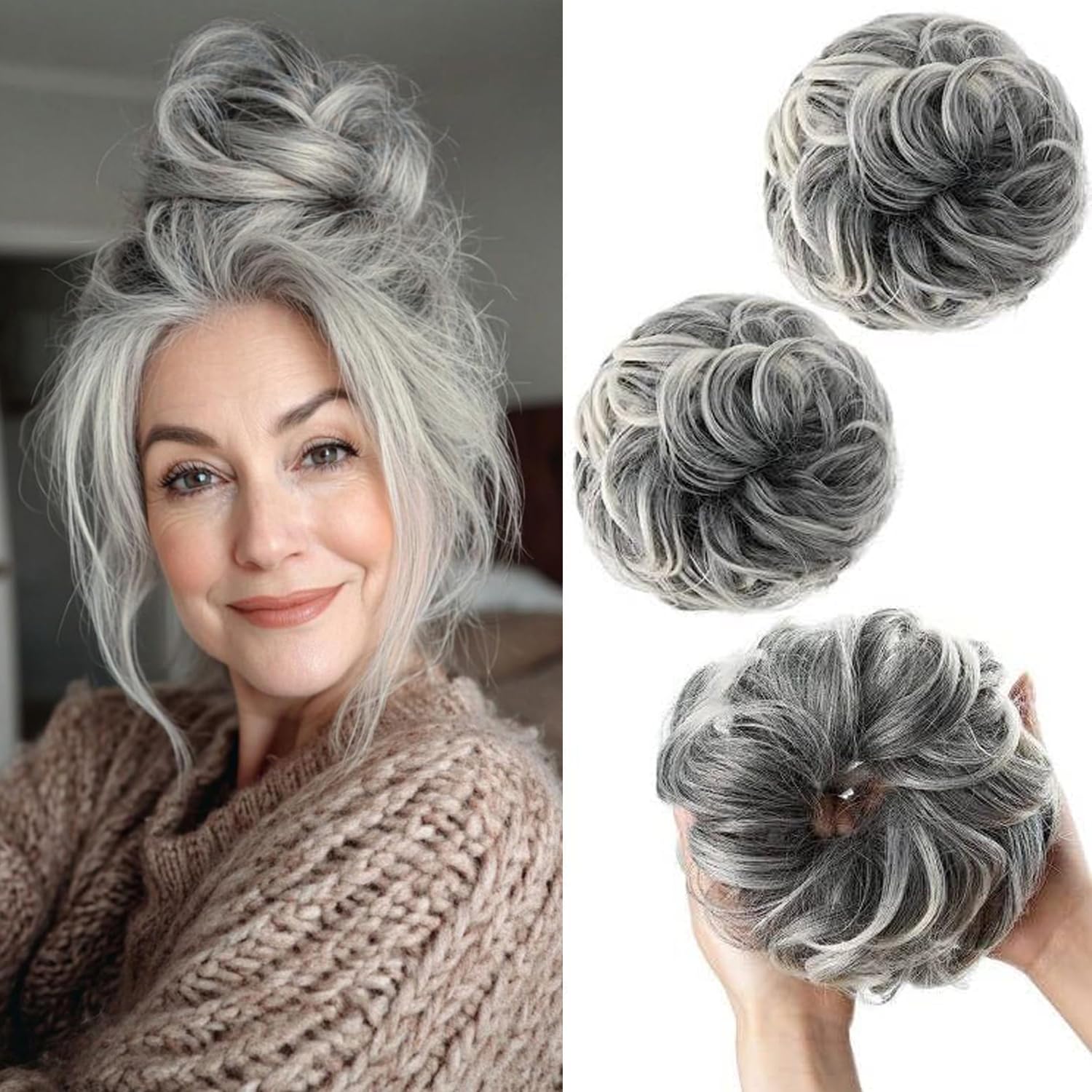 PORSMEER 2 Pieces Large Messy Hair Buns Extensions Curly Wavy Hair Elastic Easy Scrunchies for Women Girls Synthetic Donut Updo Hair Pieces Chignons (Salt and Pepper Color) — image 1