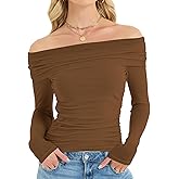 OULESIS Off The Shoulder Mesh Tops for Women 2025 Fall Long Sleeve Shirts Bodycon Y2k Blouses Ruched Tendy Going Out Outfits