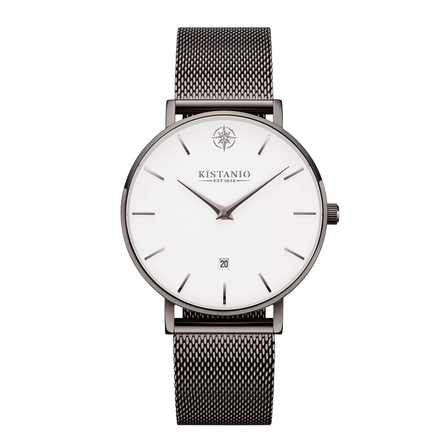 Kistanio Moyen Flat Women's Watch with Stainless Steel Milanese Strap Sapphire Glass 38 mm Diameter Stainless Steel Date Various Variations, Gun Metal / White, Bracelet