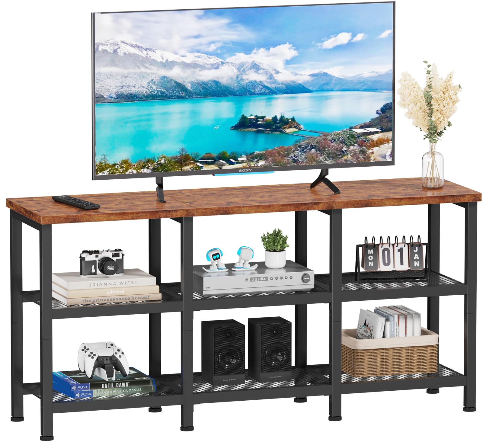 Photo 1 of Furologee TV Stand, Small Media Console Table with 3-Tier Storage Shelves, Industrial Entertainment Center for TVs up to 50 Inch, Television Stands for Living Room, Bedroom, Rustic Brown