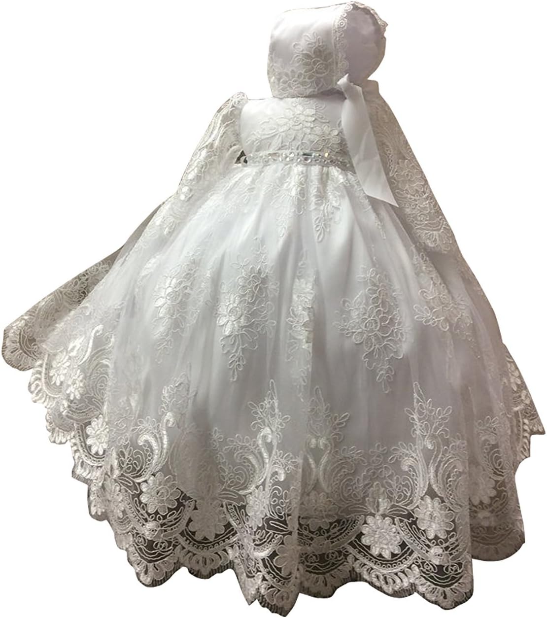 Kengtong Baby Girls White Long Christening Gowns with Bonnet 0-24 Months