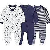 MAMIMAKA Newborn Baby Boy Girls Clothes 2-Way Zip Footed Cotton Bodysuit 3-Pack Long Sleeve Outfits 0-12Months Baby Pajamas